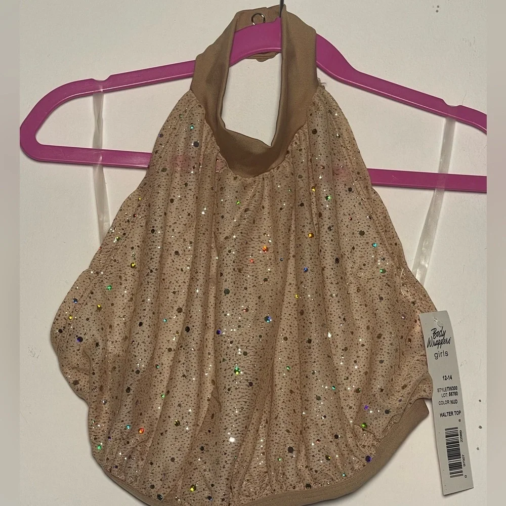 Body Wrappers 12-14 Nude gold Shimmer Halter Crop Top Dancewear Jazz Tap Lyrical